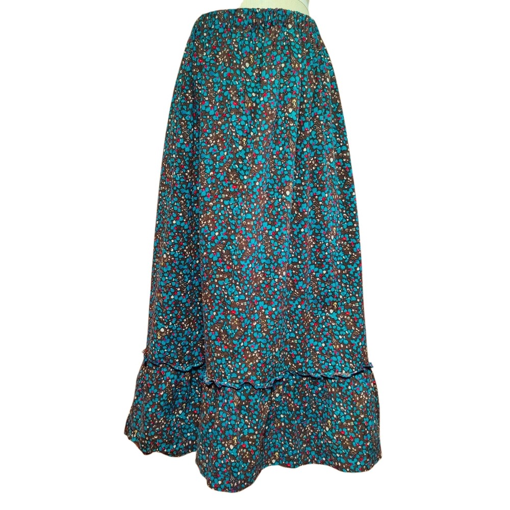 VTG Handmade Prairie Maxi Skirt 70s Abstract Floral Brown Teal Flannel Cottage
